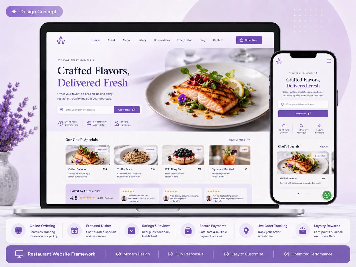 Restaurant website framework main mockup with menu and enquiry sections