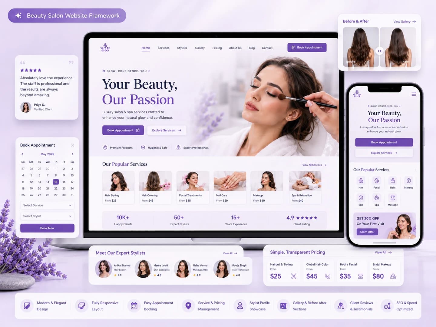 Beauty salon website framework main mockup with services and booking sections