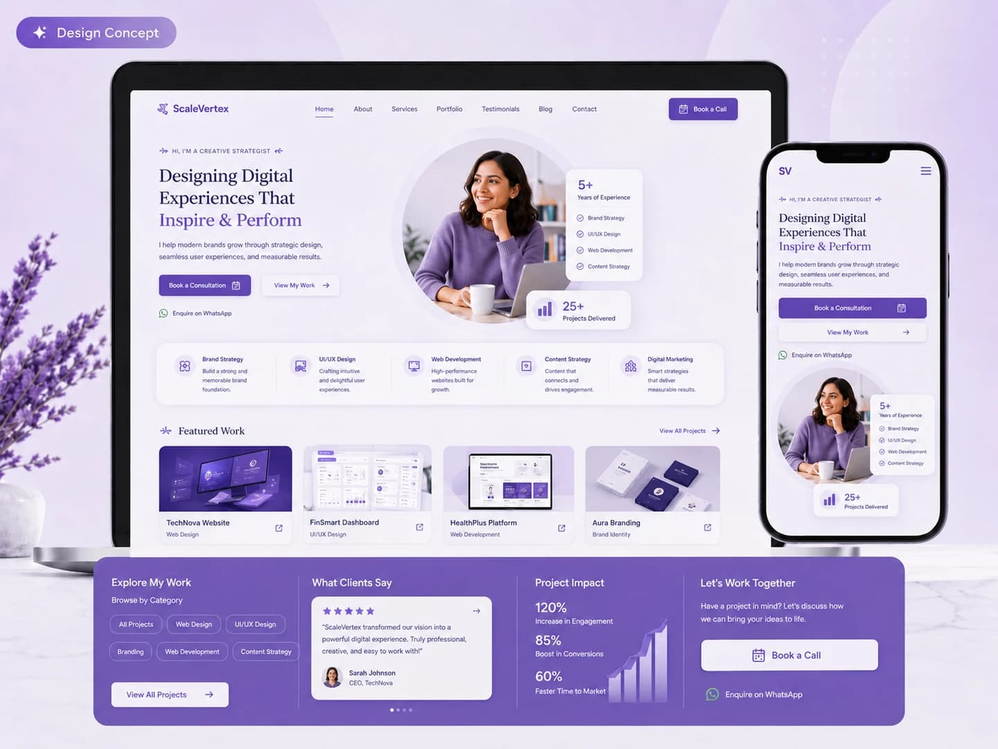 Personal brand website framework main mockup with work samples and contact sections