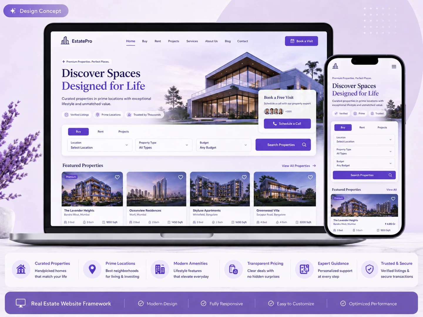 Real estate website framework main mockup with property listings and enquiry sections